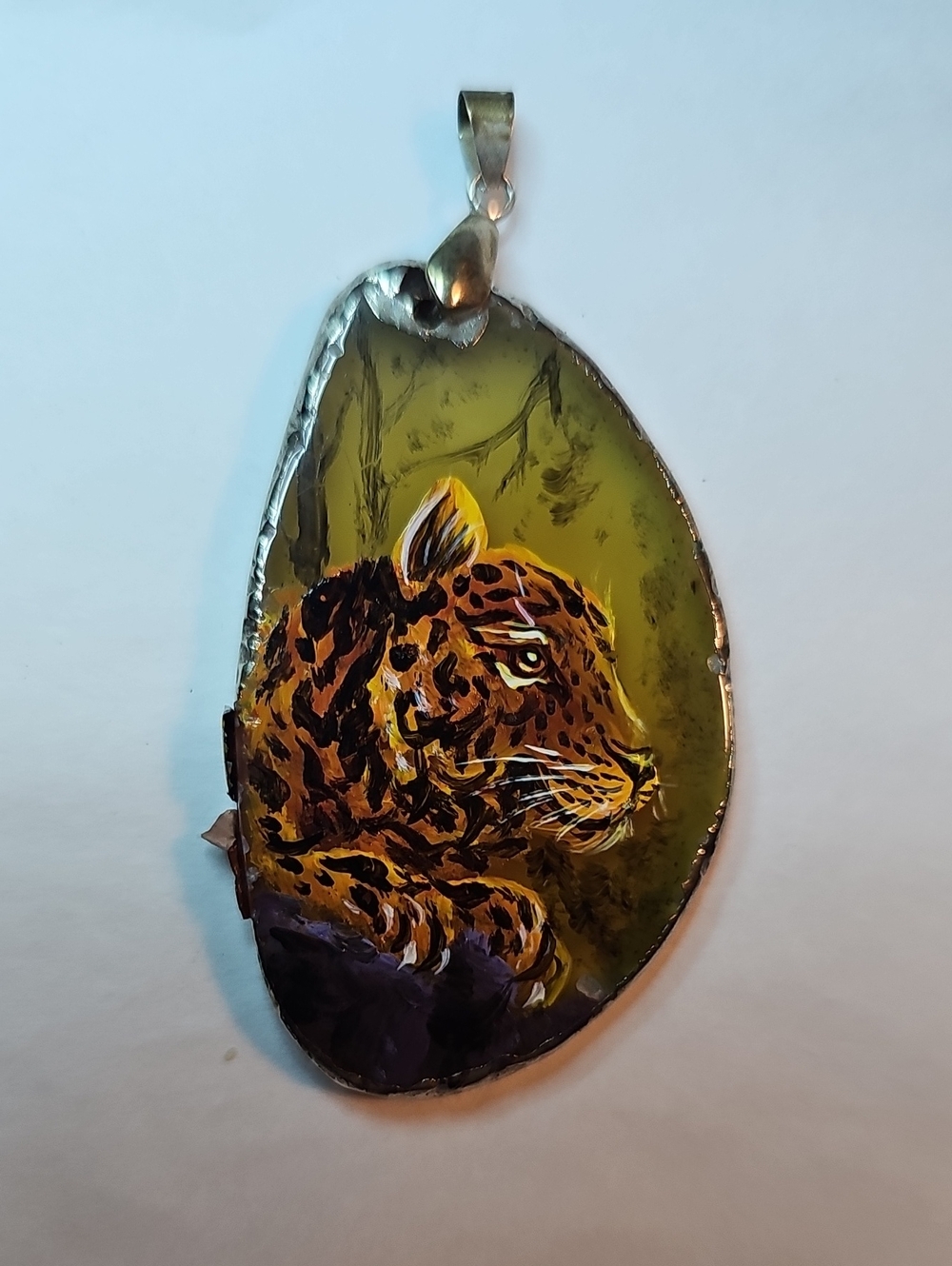 Hand-Painted Leopard Teardrop Pendant in Olive and Amber Tones